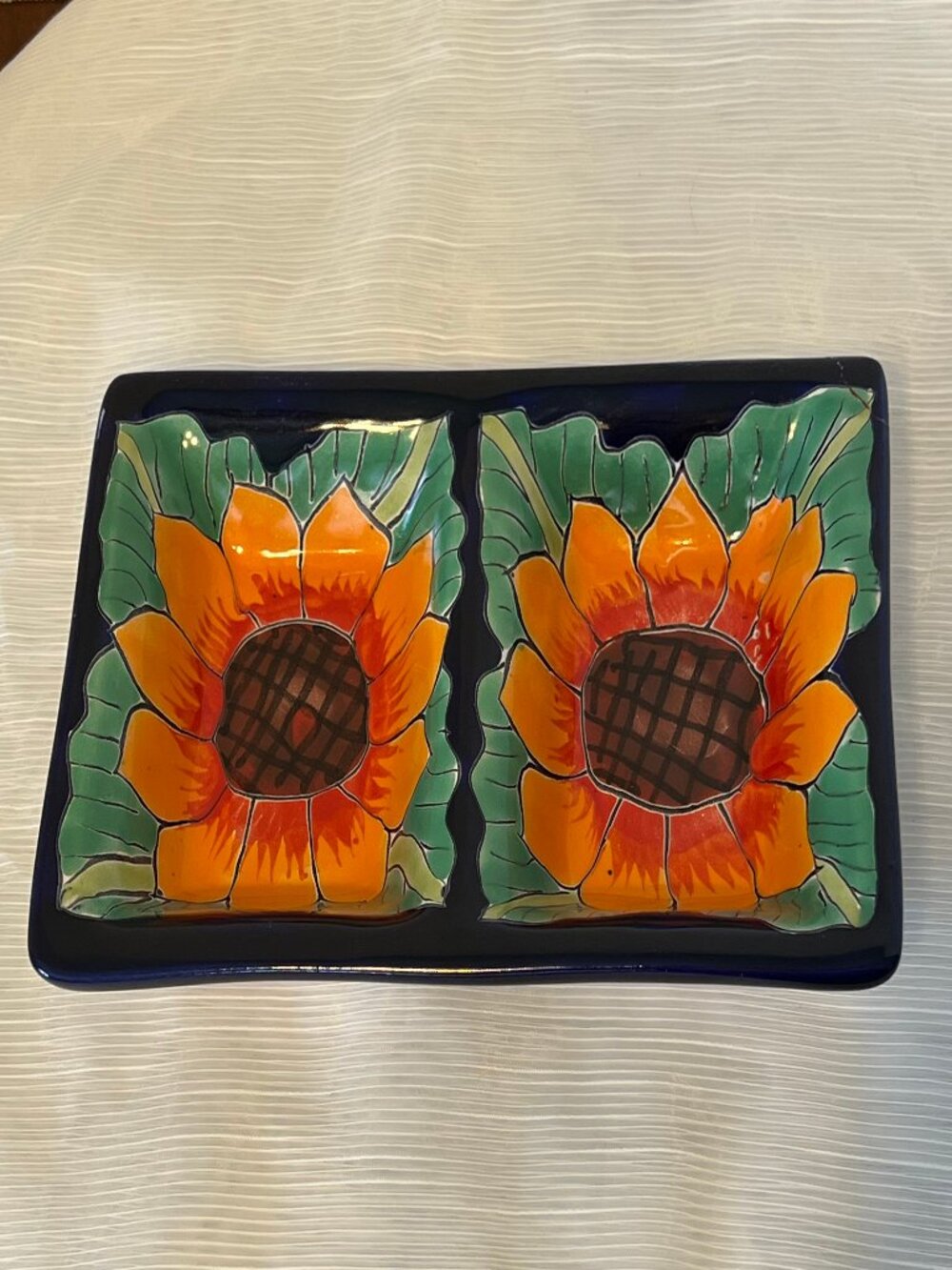 Hand-Painted Mexican Talavera Ceramic Divided Sauce Dish